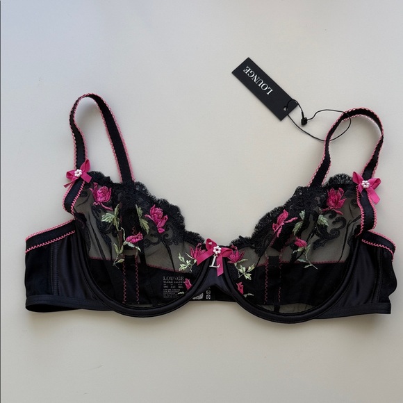 NWT Lounge Bloom Embroidered Balcony Bra 38C Black/Pink - Picture 2 of 6